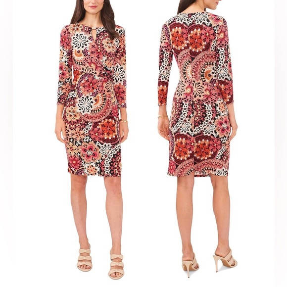 🆕 MSK Dress Women’s Medium Peach Berry Black Floral Faux Wrap NWT NEW - Picture 13 of 13